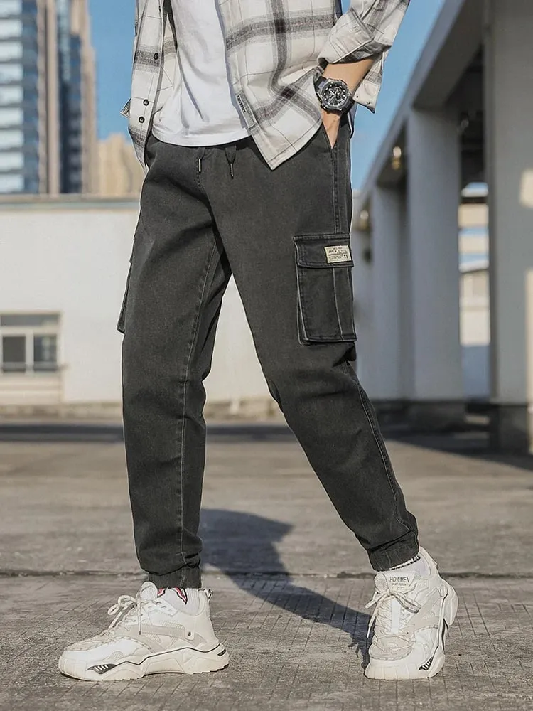 Erkek Jogger Jeans Yıkanmış Pamuk Hafif Streç Çok Cepli Denim Kargo Pantolon Asya Boyutu L-6XL