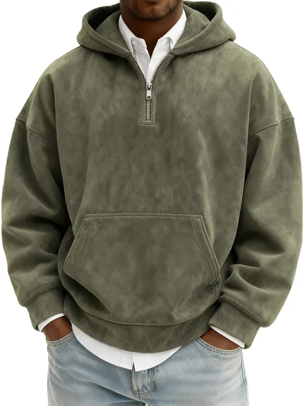Amerika Fashion Baru Pria Warna Solid Setengah Ritsleting Lengan Panjang Kasual Trendi Harian Berkerudung Kaus Pria Hoodies Pakaian Atasan — image 9