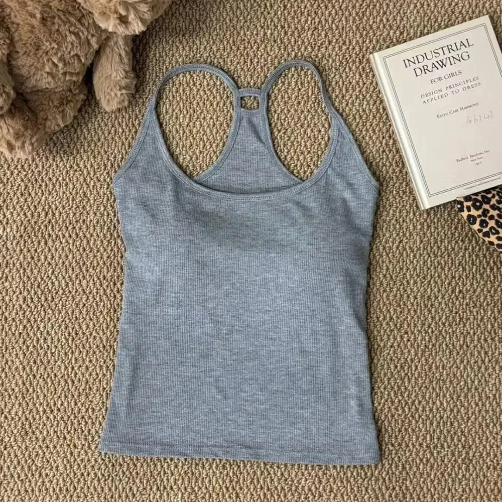 Korean Women's Solid Color Spaghetti Straps Sleeveless Slim Camisole With Chest Pad Wear Base Layer Summer Outdoor Wear