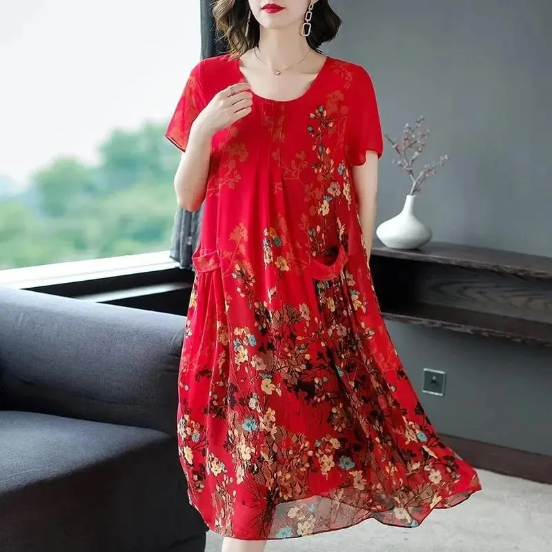 Mother Clothes Summer Chiffon Dresses O-Neck Mid-Long Printed A-line Dress Large Size Short Sleeve Middle-aged Women's Vestidos — image 7