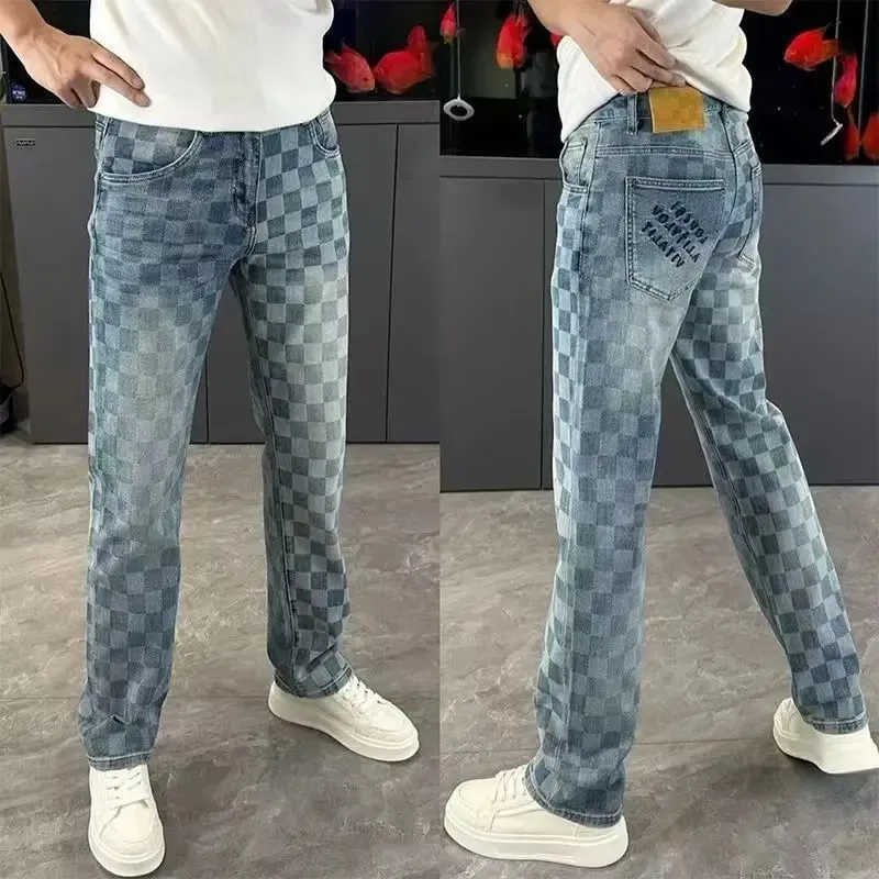 Spring Summer Checkered Jeans From Trendy Brand Versatile Men's Straight-leg high-end loose Casual Straight Stretch Pants — image 5