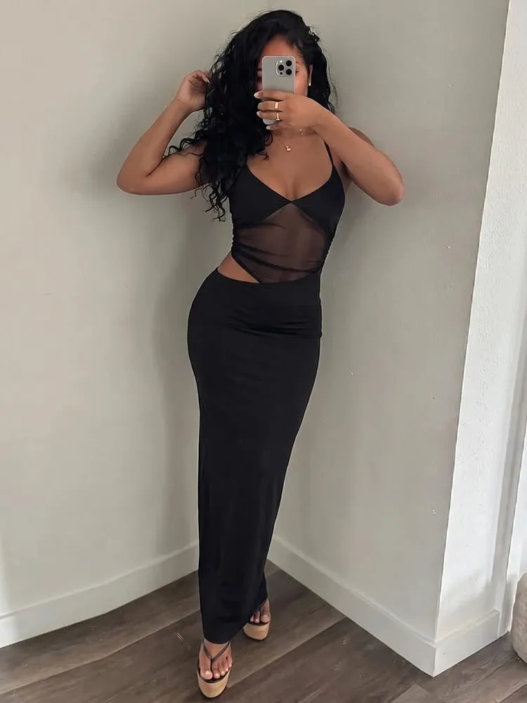 Nibber Mesh Patchwork Dress Women Sexy Backless Hollow Sleeveless 2025 Summer Trend Skinny Stretch Elegant Clubwear Maxi Bodycon — image 2