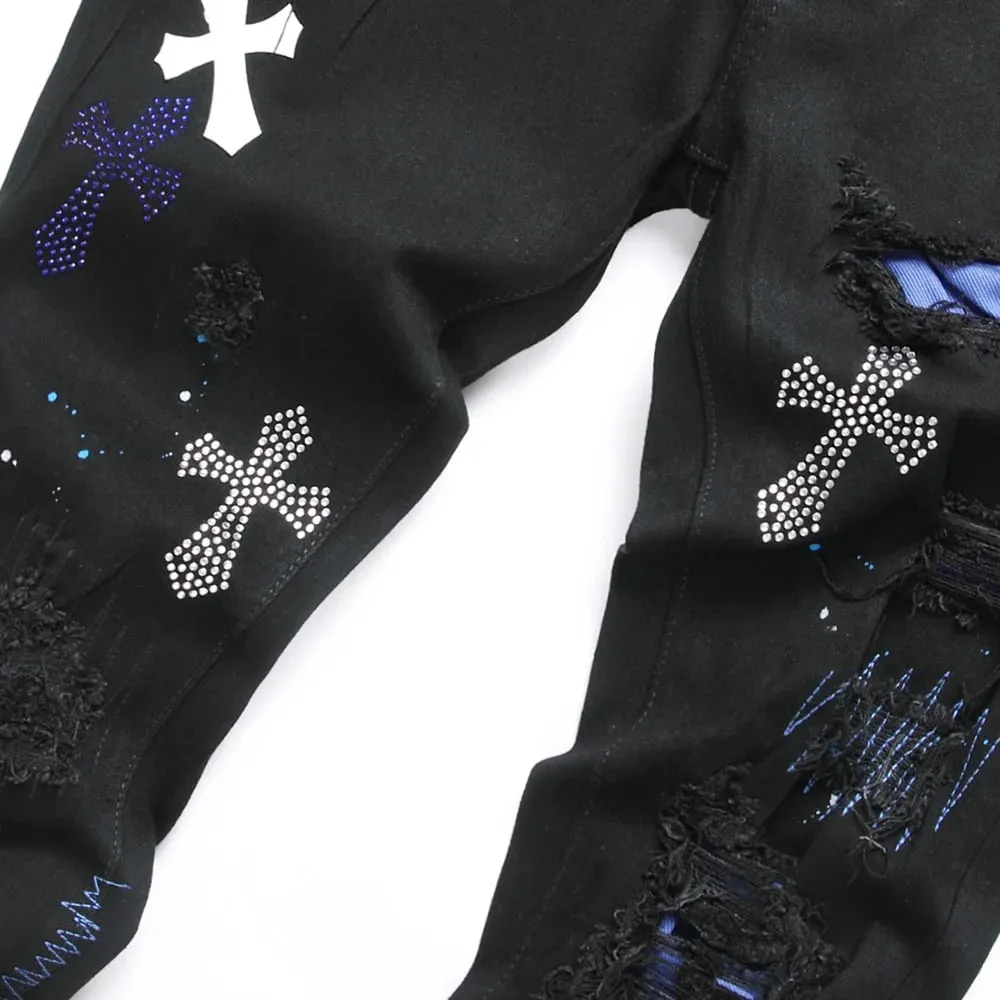 Men Crystal Cross Stretch Denim Jeans Holes Ripped Distressed Black Pants Embroidery Slim Tapered Trousers
