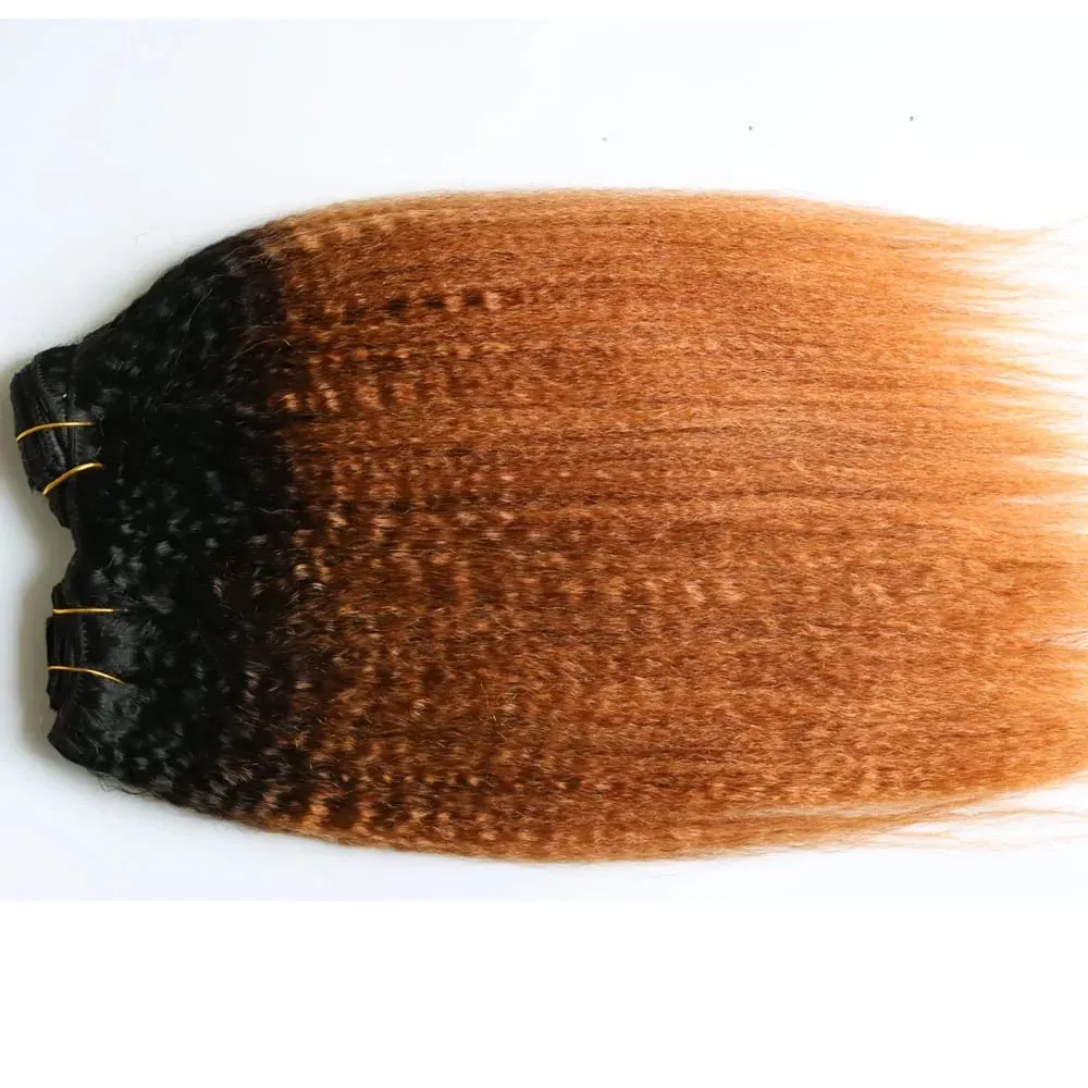 Ombre Two Tone 1B 30 Kinky Straight Human Hair Clip In Extensions Coarse Yaki Virgin Remy Indian Hair Clips In Hair — image 3
