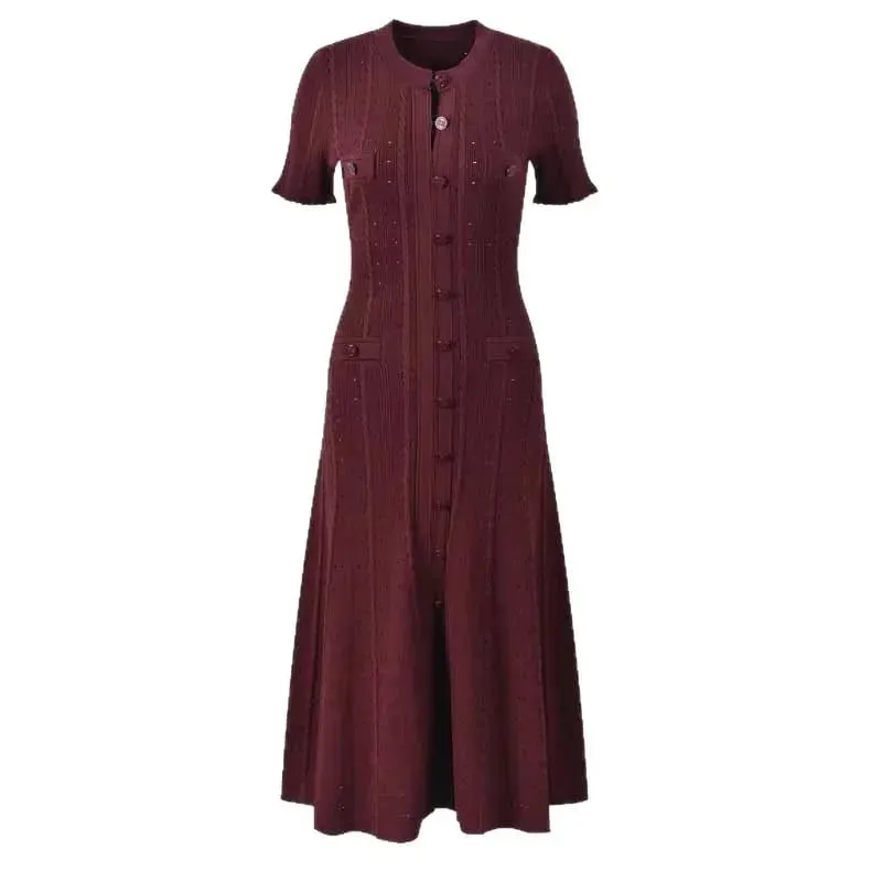 Pakaian Panjang Berkait Gaya Perancis Leher bulat Berongga keluar Skirt Tepi Kayu Elegan Musim Gugur Mewah Wanita Fesyen Pakaian One Piece