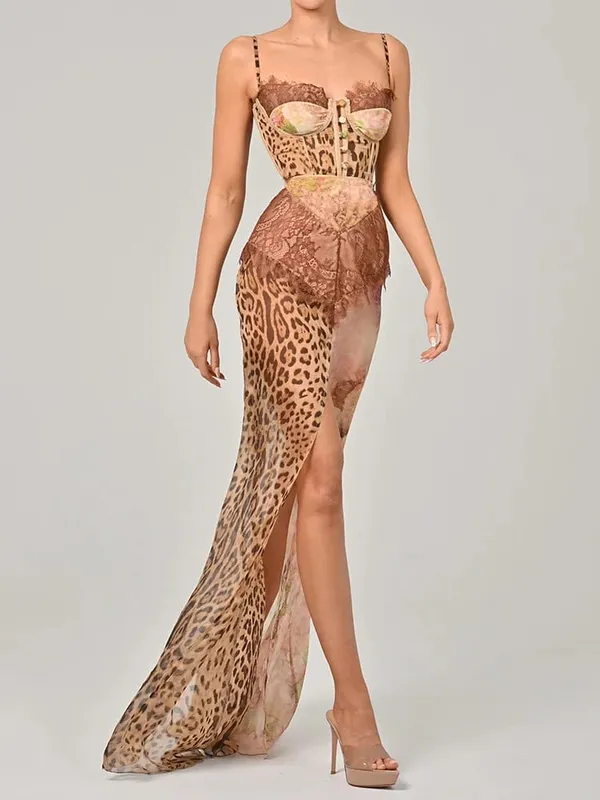 Mozision Leopard Print Lace Split Sexy Maxi Dress Women Gown Elegant Patchwork Chiffon Sleeveless Backless Beach Evening Dress — image 6