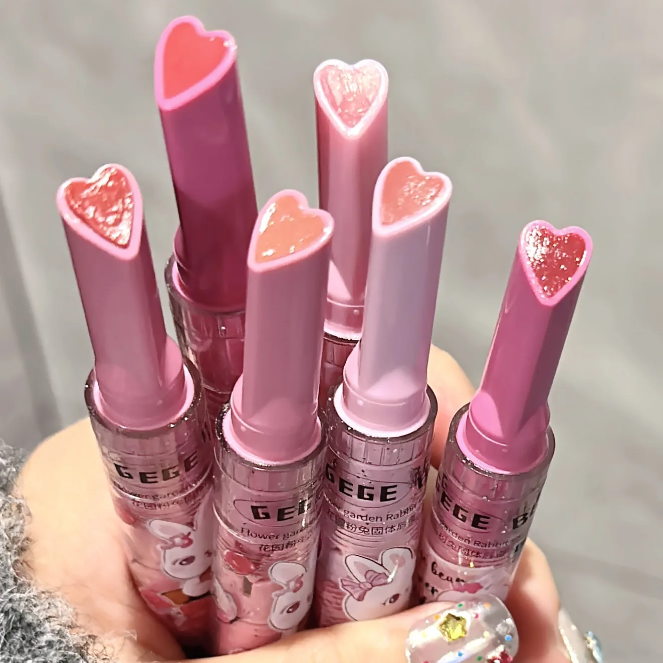 Gege Bear Garden Pink Rabbit Jelly Lip Gloss Solid Lip Glaze Mirror Glass Water Light Heart Shape Lipstick Korean Lip Tint — image 3