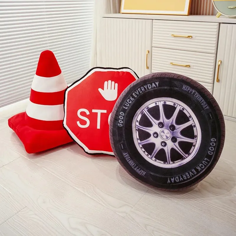Plush Traffic Pillow Stuffed Car Tyre Roadblock Traffic Cone Signal Lamp STOP Transportation Sign Cushion Decor Plushie Men Gift