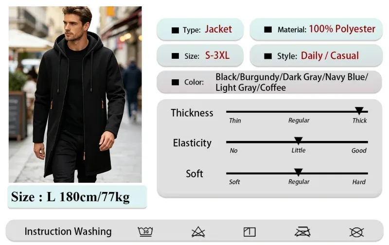 2Pcs Set Men Mid-Length Full Zip Hooded Jacket Fleece Lined Warm Coat with Drawstring Hood & Zipper Pockets Casual Outerwear for Fall Winter Daily Wear