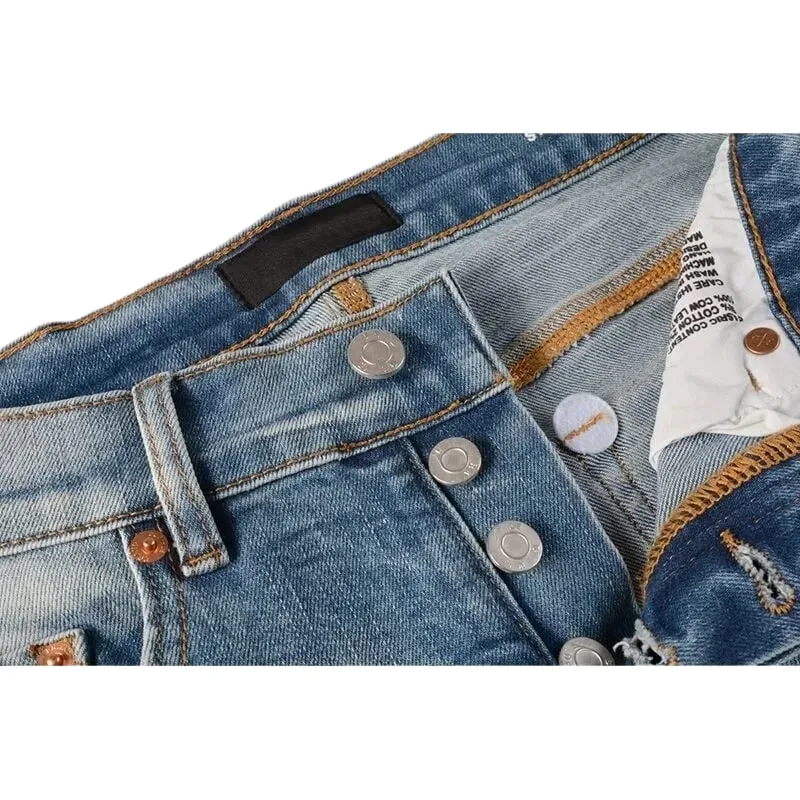 Vaqueros clásicos ajustados y cónicos para hombre, estilo vintage azul claro con lavado degradado, bragueta con botones, estilo High Street