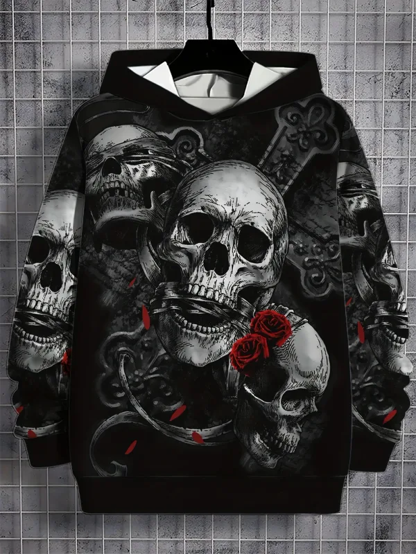 3D Printed Skull and Rose Sweatshirts Drawstring Sportwear Long Sleeved Tops Men's Hooded Hoodies Street Graphic Men's Clothing — image 1