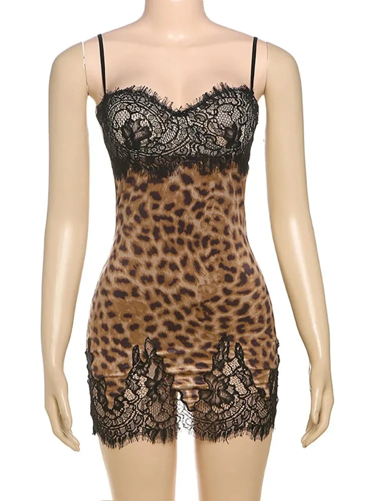 MO Patchwork Printed Leopard Lace Women Mini Dress Spaghetti Strap High Waist Dress Summer Slim Elegant Party Club Dress — image 6