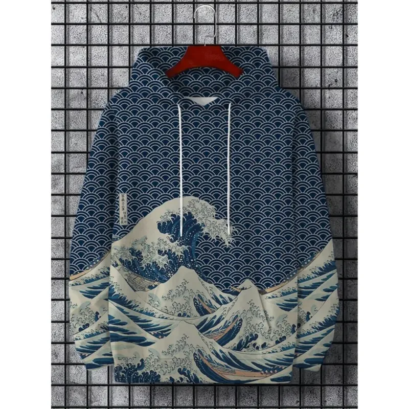 Fuji Mountain Lake Scenery Black Cat Graphic Hoodie Men Pullover Hooded Sweatshirt
