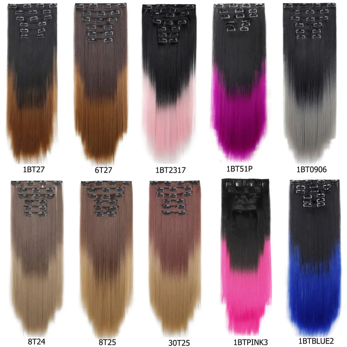 6PCS Set Clip In Hair Extensions 24Inch Long Straight Full Head Synthetic Hair Ombre Gradient Color Daily Use for Women Ladies