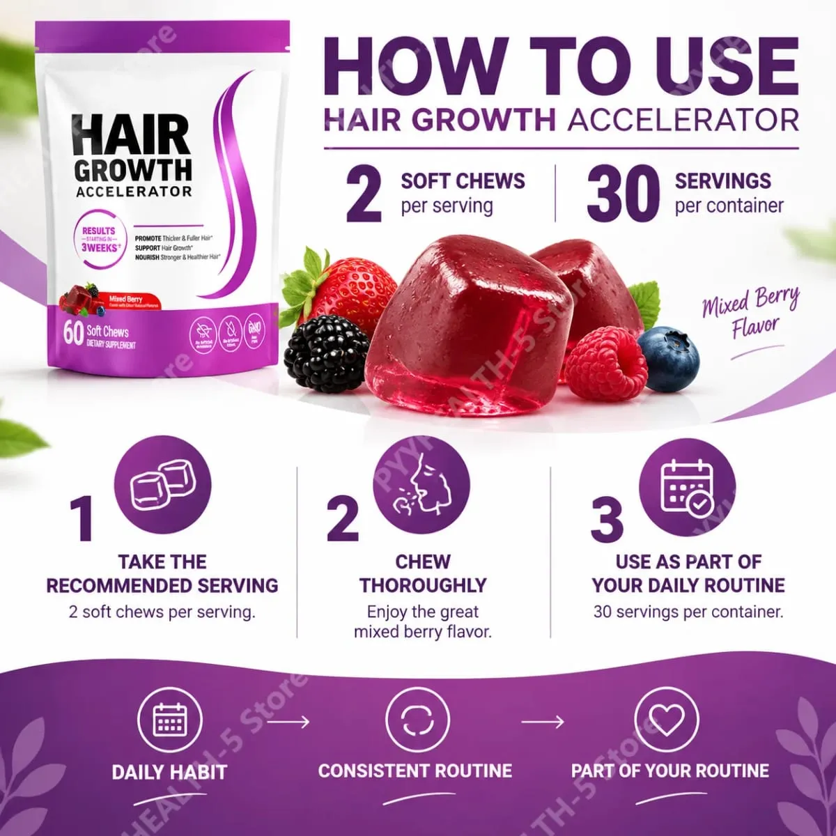 Suplemento de mastigação macia para crescimento capilar de biotina, suporte para cabelos mais grossos, vitamina C e E para nutrição saudável do cabelo 60 goma — image 6