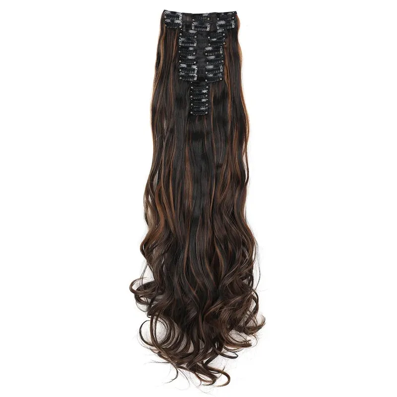 12pcs Highlight Balayage Dark Brown Hairpieces Clip in Hair Extensions 24inch Light Brown&Honey Blonde Synthetic Wavy Hair
