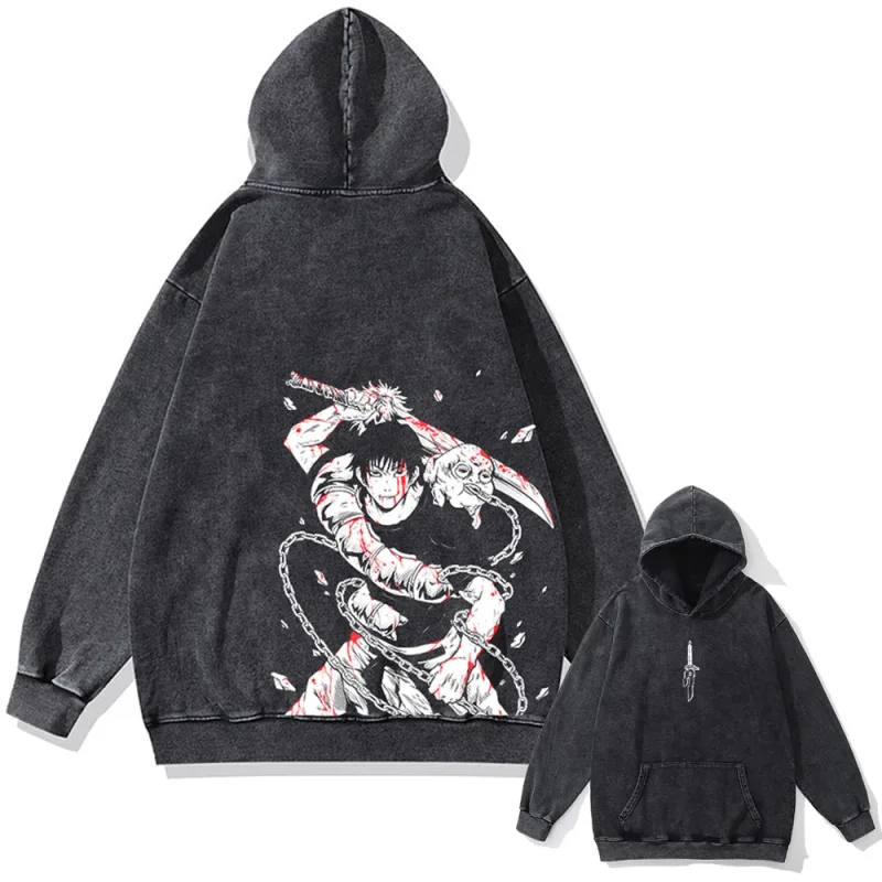 Japanese Anime Jujutsu Kaisen Print Hooded Pullover Men Hip Hop Sweatshirt Vintage Hoodie Harajuku Cotton Sweatshirts