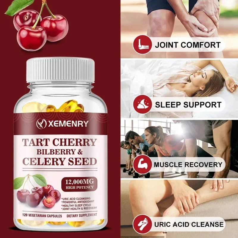 Organic Tart Cherry & Celery Seed Capsules - Uric Acid Cleanse Support Sleep & Joint Health Muscle Repair Supplement — image 3