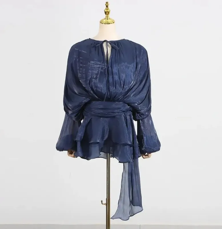 Solid Spliced Lace Up Loose Dresses For Women O Neck Long Sleeve High Waist Temperament Dress Female Fashion New — image 17