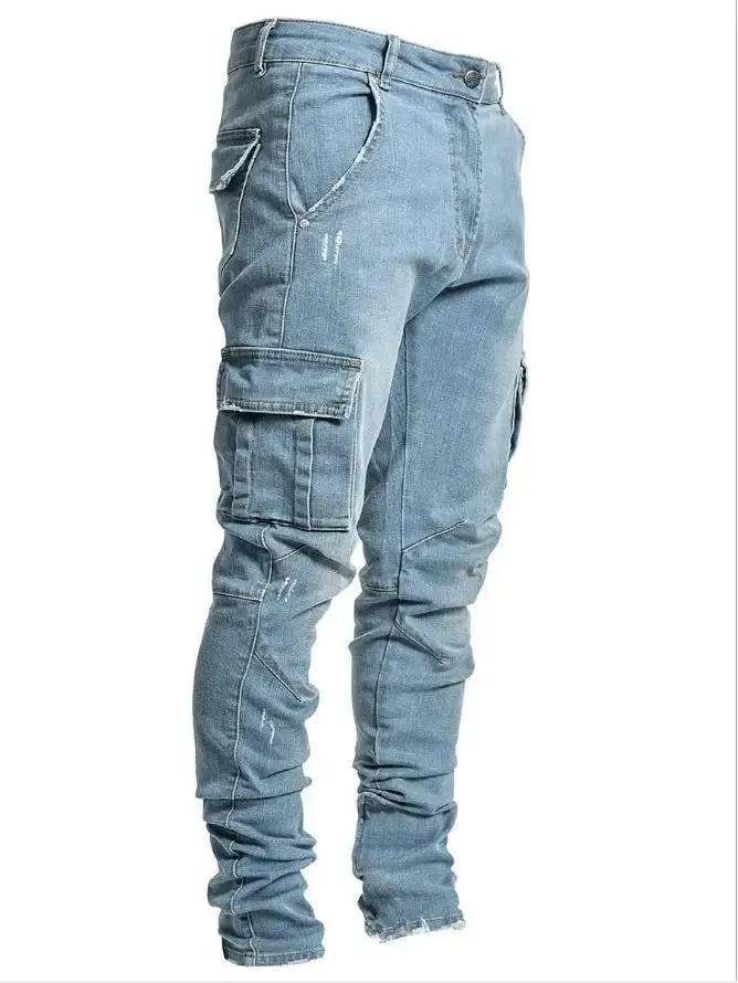 2025 New Fashionable men's denim work pants street style black gray multi pocket jeans American casual multi pocket jeans — image 9