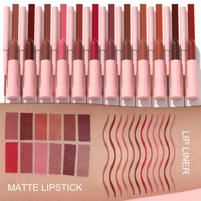2Pcs/Set Lipstick+Lip Liner Makeup Kit Matte Nude Long-lasting Waterproof Non Staining Tapered Nib Lip Contour Pen Lip Cosmetics