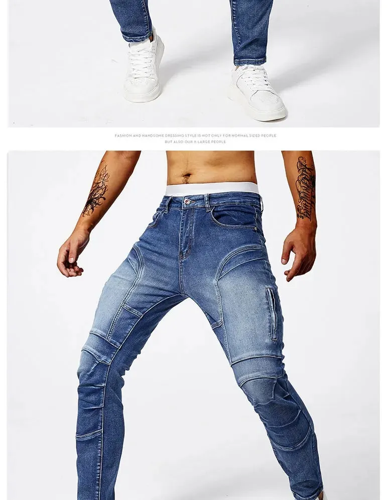 Two tone distressed patchwork jeans for men trendy jeans for summer thin straight leg pants slim fit small leg distressed jeans