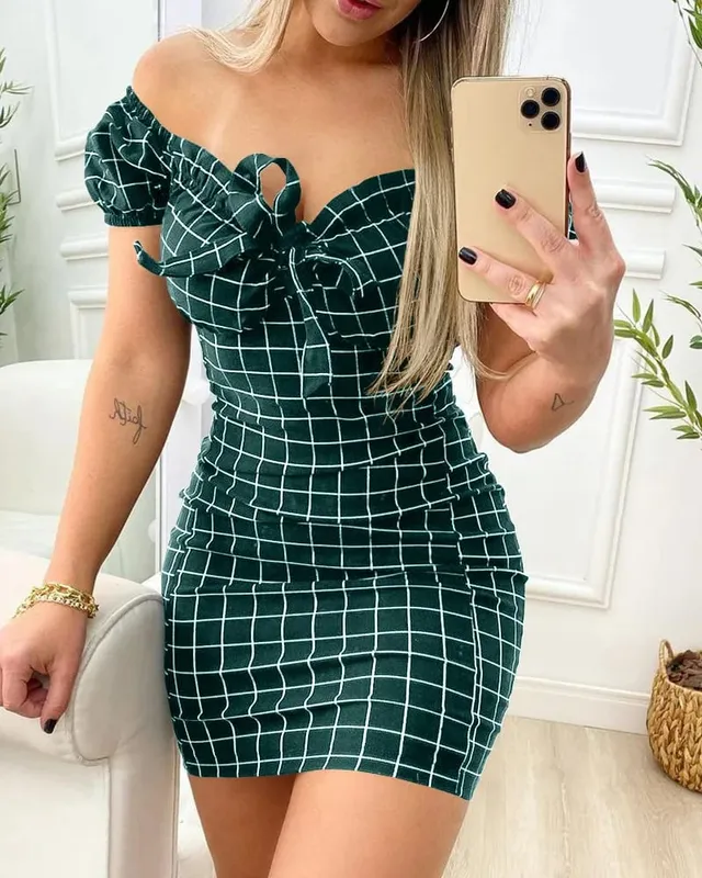 Pakaian musim panas pakej seksi punggung skirt pendek pakaian cetakan grid rentas sempadan