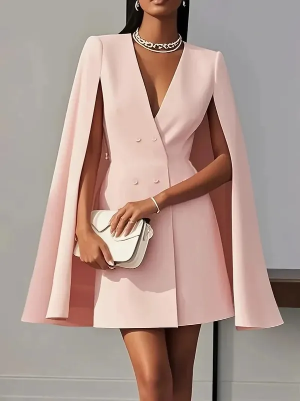 Women Fashion Commuter Solid Blazers Dress Office Double Breasted Waist Party Dress Elegant V-neck Shawl Cape Sleeve Midi Dress — image 6