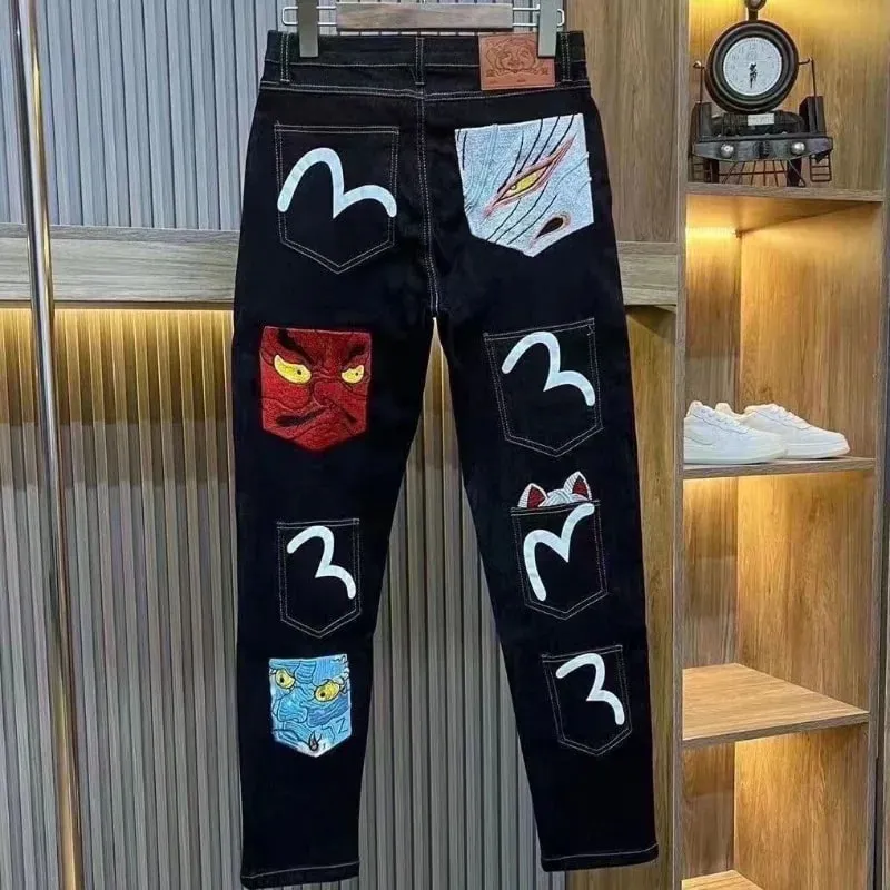 Męskie dżinsy Harajuku Fortune God Print kilka kieszeni spodnie dżinsowe nowa odzież robocza spodnie Cargo casualowe w stylu Streetwear moda jesień nowość