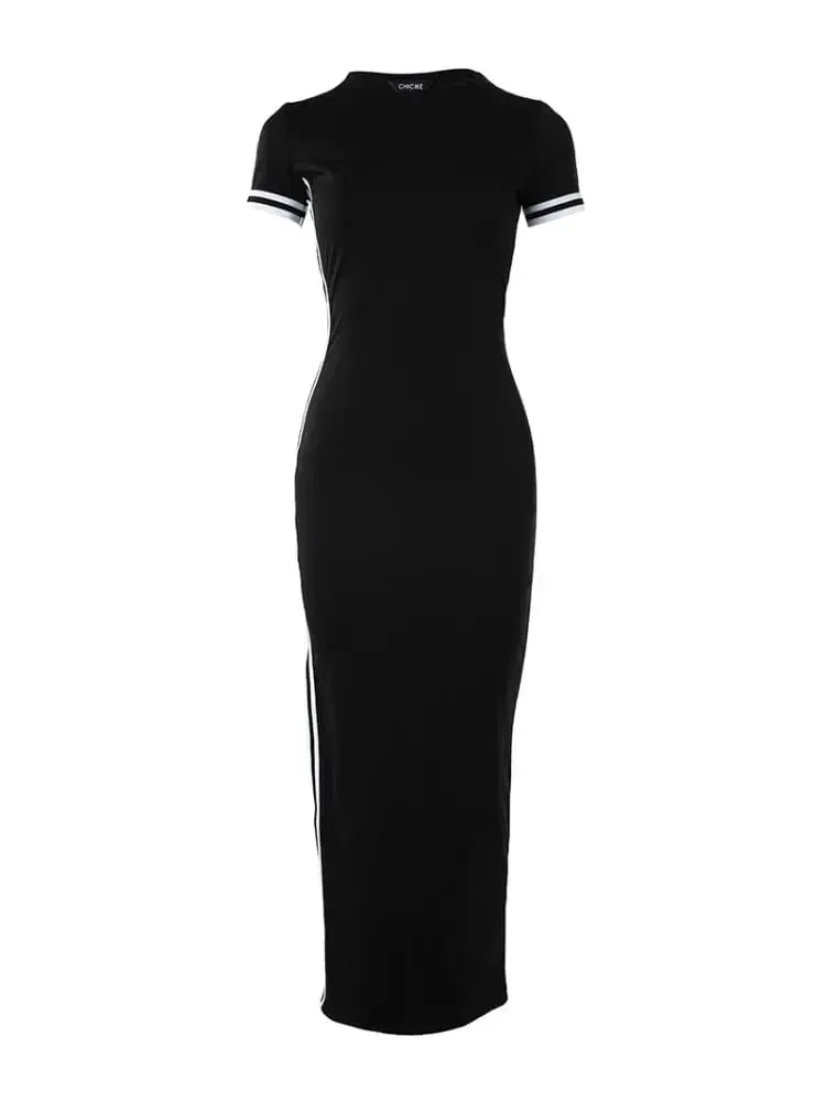 2025 Striped High Slit Casual Dress Women Sport Solid Color Short Sleeved Ankle Length Dress Ladies O Neck Rose Print Dresses — image 6