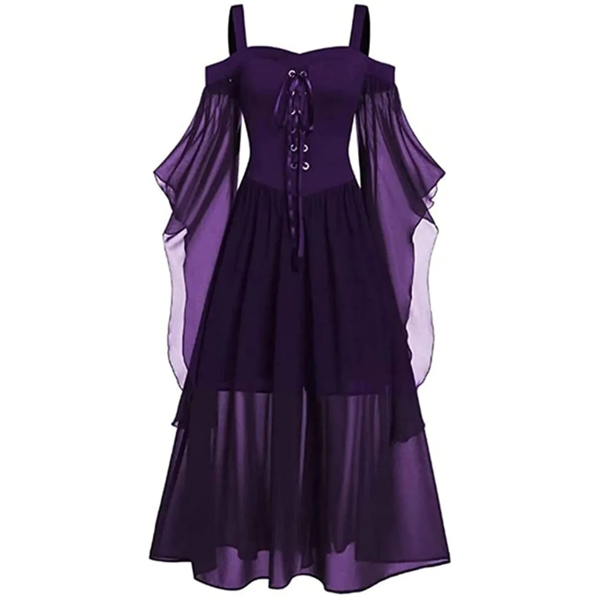 Women Vintage Gothic Off Shoulder Lace-up Medieval Dress Halloween Witch Cosplay Costumes Carnival Party Suspender Straps Dress