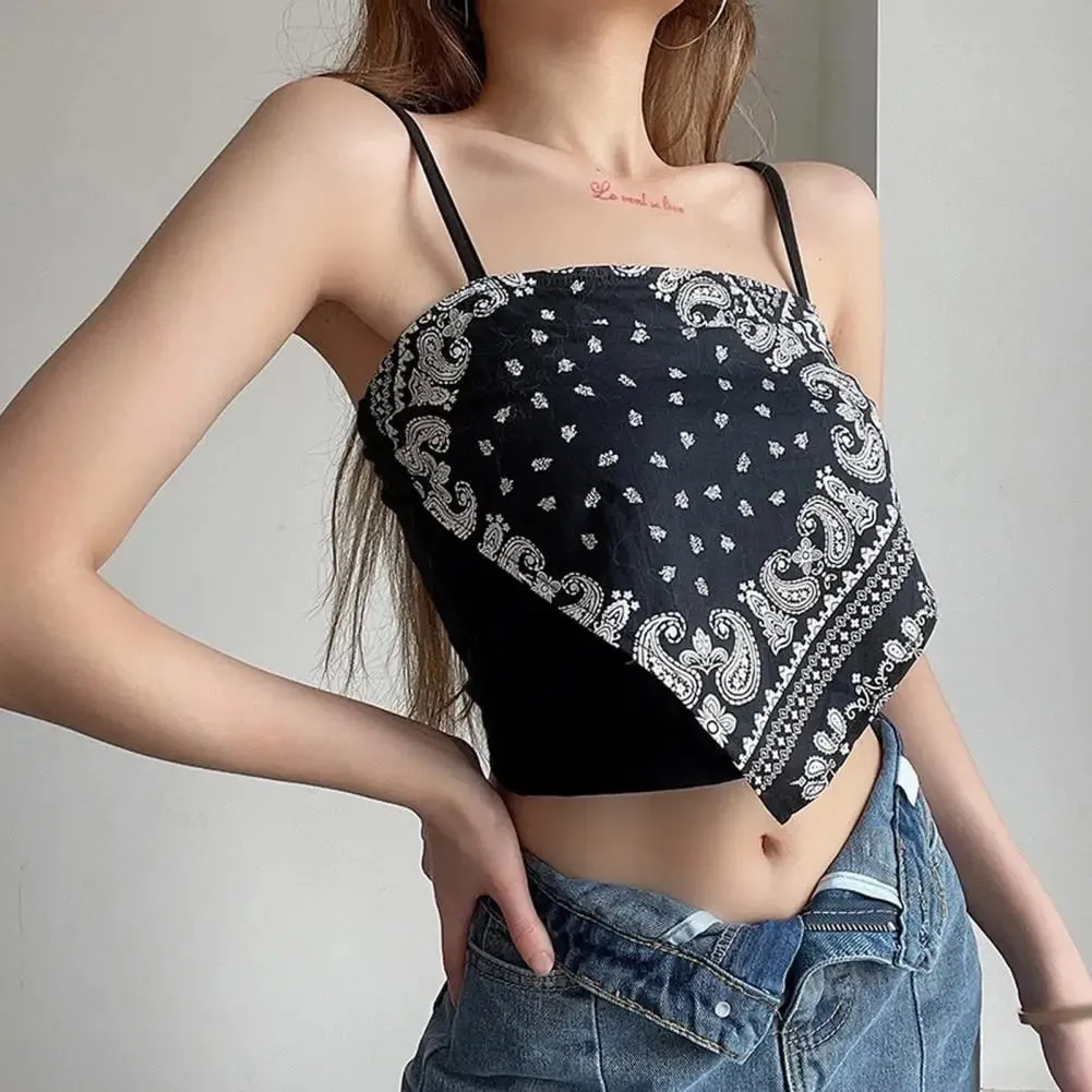 Summer Sling Vest Square Collar Sleeveless Retro Printing Camisole Slim Fit Tank Top Women Cami