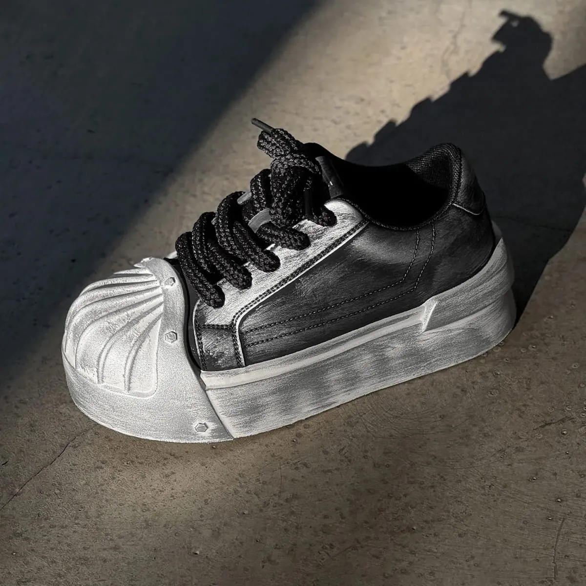 Wanita Lelaki Sneakers Low-top Shell-head PU Kulit Tapak tebal Mentinggikan Uniseks Riadah Bergaya Kasut Retro Lelaki Jurulatih Chunky — image 2