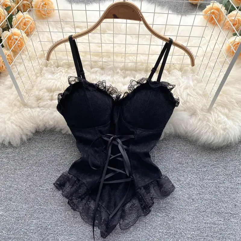 Vintage Lace Corset Bustier Women Spaghetti Straps Tanks and Camis Sexy Slim Crop Top Urban Chic Camisole Fashion Summer Clothes — image 7