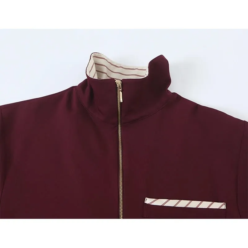 Ladies Lapel Collar Half Zipper Autumn Dress Color Block Striped Patchwork Long Sleeve Pocket Casual A‑Line Short Dresses — image 3