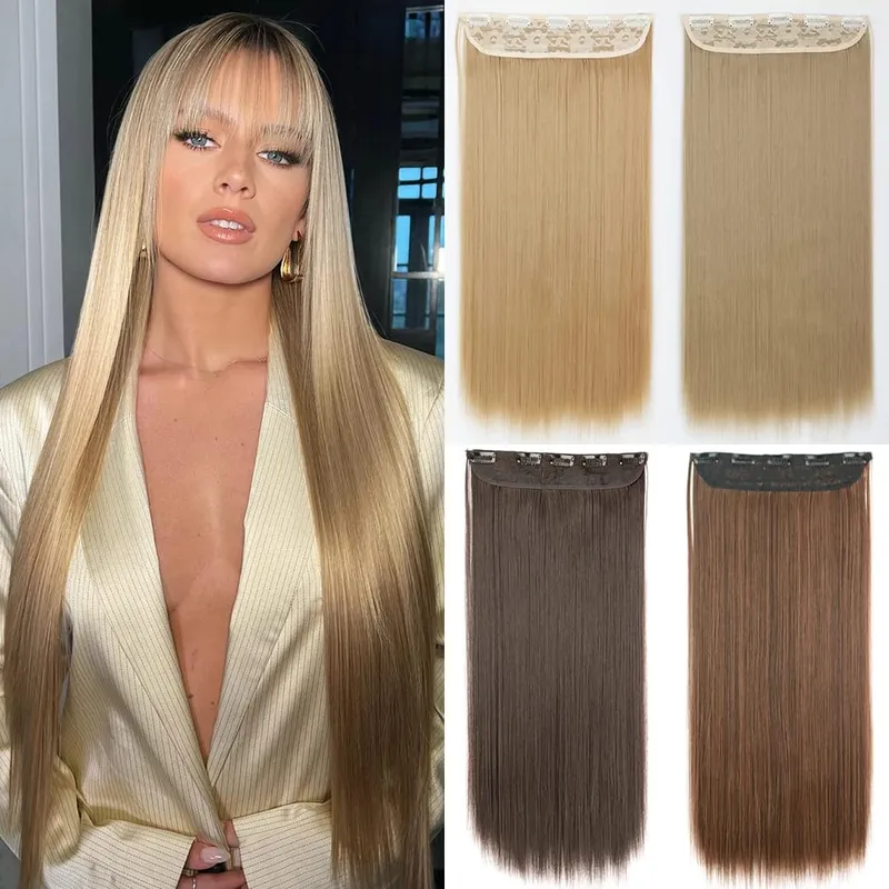 Synthetic 32Inch Hair Extensions OnePiece 5 Clips Long Straight Hairstyle Heat Resistant Fake Hairpiece For Women Natural Blonde — image 2