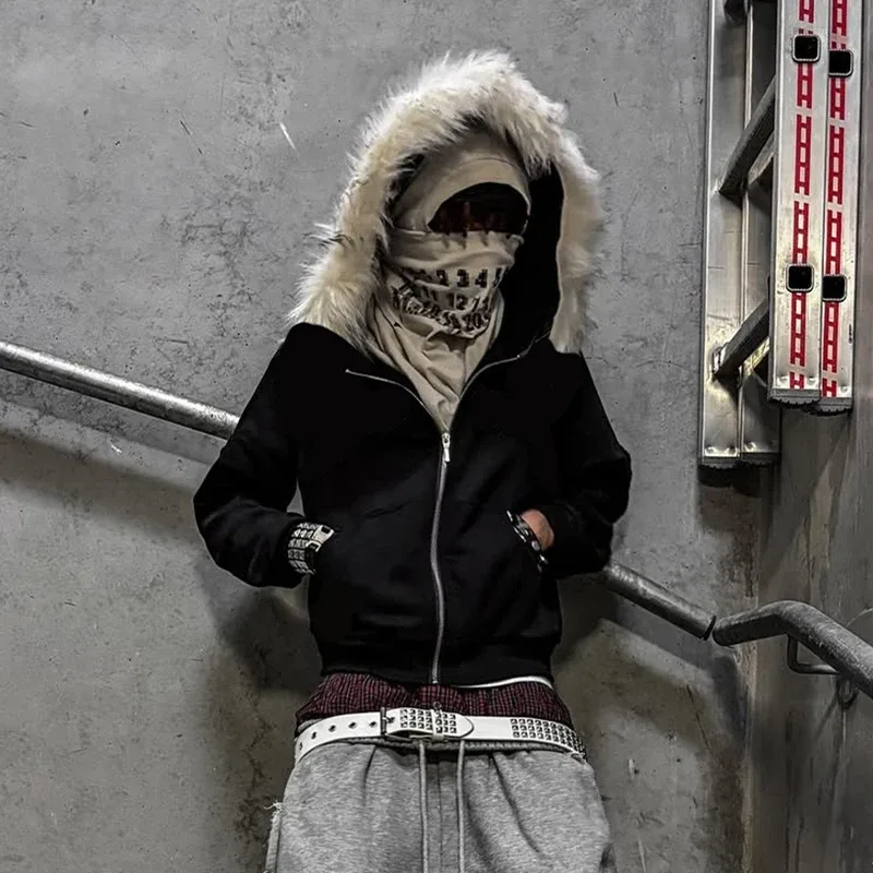 Fluffy Hat Hoodie Solid Color Casual Long Sleeve Hoodie Retro Coat Street Trend Y2K