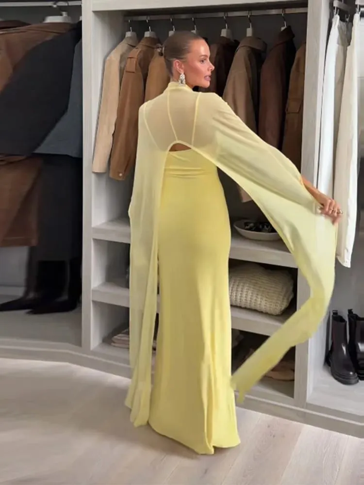 Abiti da sera da donna con mantello trasparente Elegante scollo a V sottile senza maniche Abito con pacchetto anca per donna 2026 Abiti da festa da donna — image 3