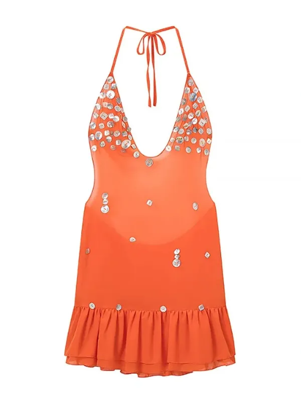 Sexy Women Sequin Lace Trim Mini Dress Chic V-neck Sleeveless High Waist Mini Sling Dresses Daily Summer Lady Vacation Robe New