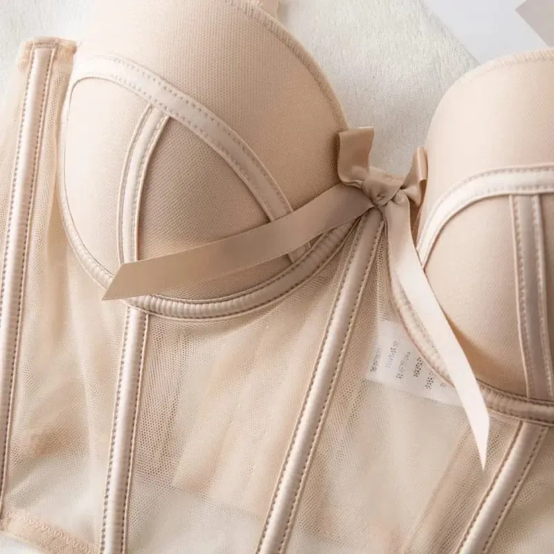 Lace Bra Sexy Mesh Underwear Women Hollow Out Shape Half Cup Soft Bralette Anti-sag Push Up Bow Thicken Women Underwear Set — image 5