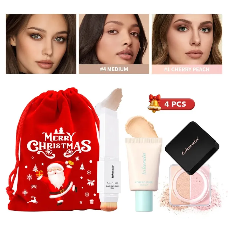 4Pcs Face Makeup Set Foundation Stick Pore No More Primer Loose Setting Powder Long Lasting Matte Beginner Makeup Christmas Gift — image 9