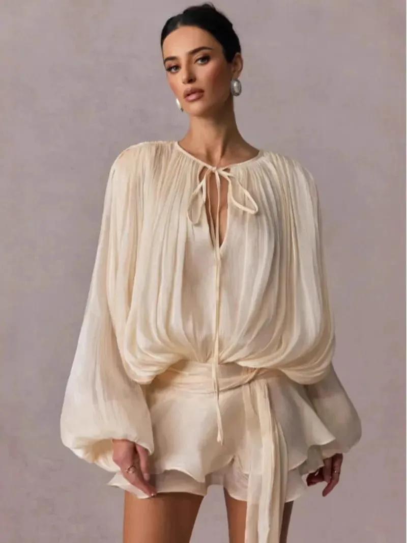 Top Beige chemisier uni Mini robes pour femmes col en V à manches longues épissé à lacets Style doux robe femme vêtements mode P7WI — image 6
