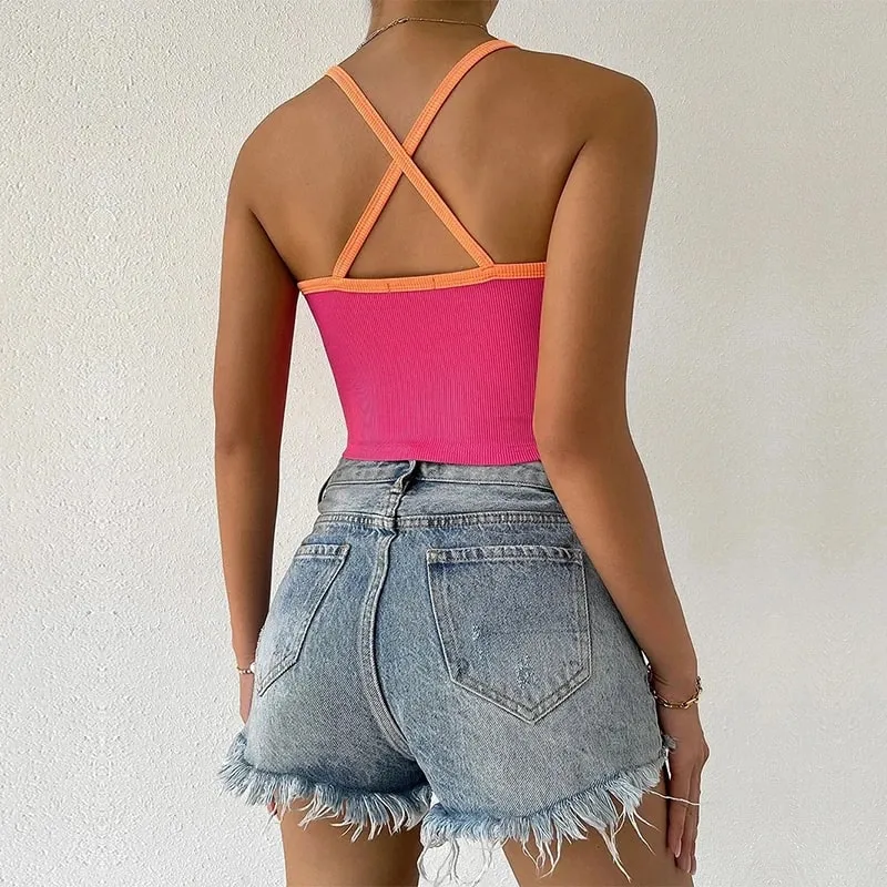 94% Cotton Crop Top Woman Sexy Sleeveless Patchwork Back Cross Streetwear Summer Tops Cute Tops Corset Youthful Woman Clothes — image 2