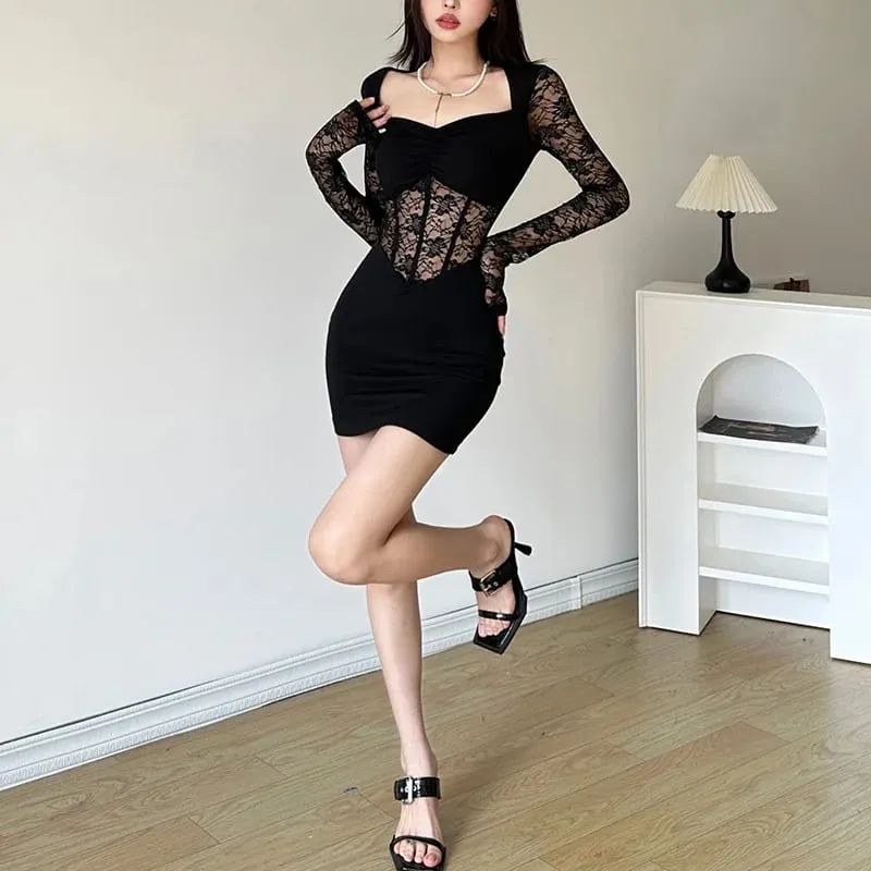 Nibber Black Mysterious Sexy Lace Stitching Mature Fishbone Beautiful Sweet Gentle Women'S Winter Long Sleeve Hip Short Dress — image 5