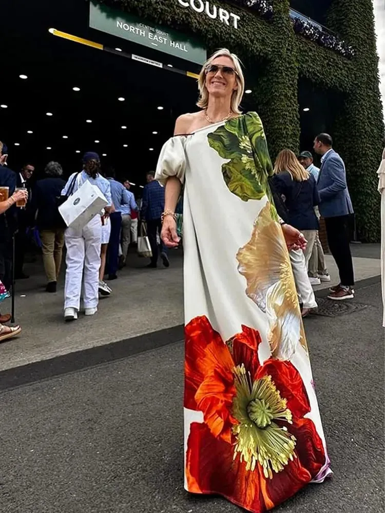 Women's Casual Printed Camisole Dress Fashionable Sloping Collar Off Shoulder Loose Dresses 2025 Summer Street New Outfit — image 3