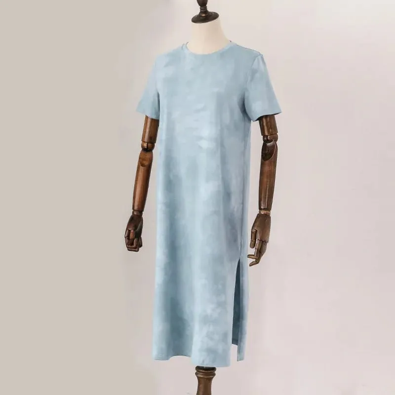 Original Casual 94% Cotton Summer Women's Dresses Solid Short Sleeve Spilt Long Midi Dress Fashion Sundress Female Clothing — image 4