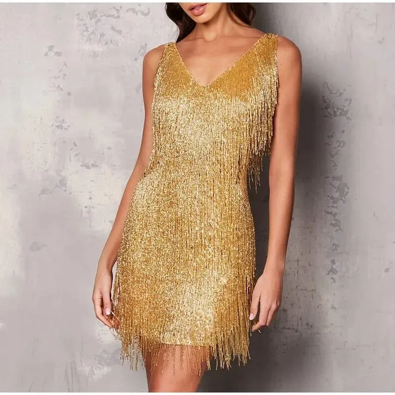 2025 New Sexy Tassel Sequins Feather Mini Dress Women Spaghetti Strap Stitching Dresses Female Elegant Evening Party Club Dress — image 4
