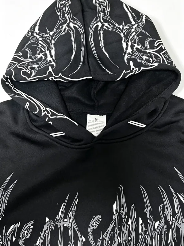 Men Alt Gothic Pullover Hoodie Y2k High Street American Style Dark Thorn Print Fleece Lined Loose Biker Fall Winter Sweatshirt — image 8