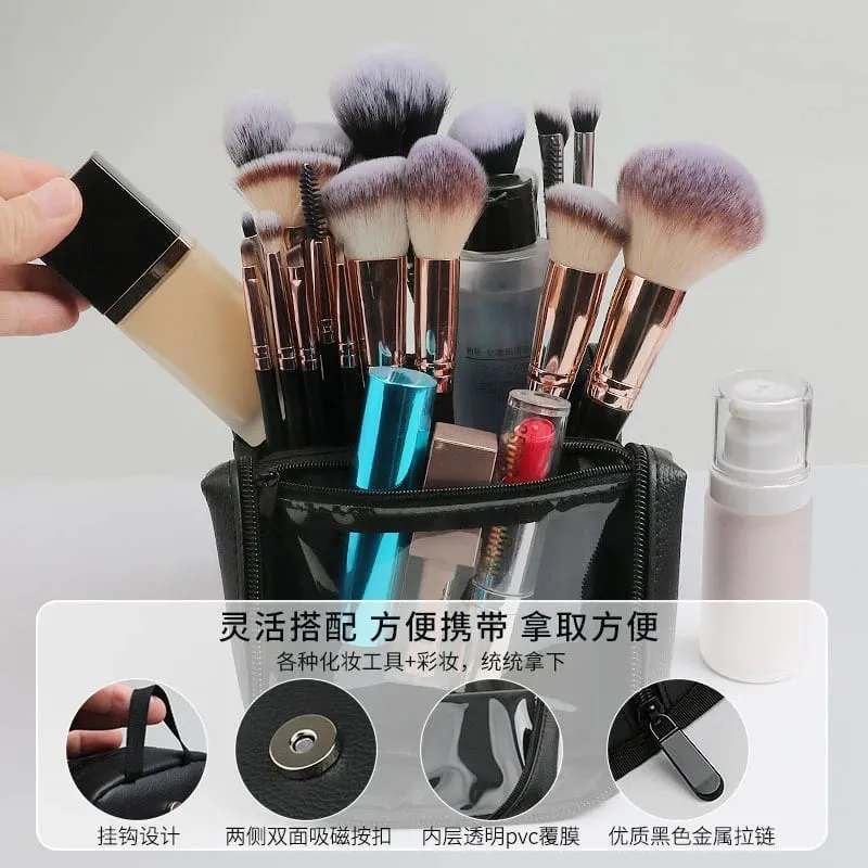 Leather Makeup Brushes Storage Bag Stand-up Makeup Brushes Organizer Bags Large Capacity Foldable Comestic Tool Bags With Zipper — image 4