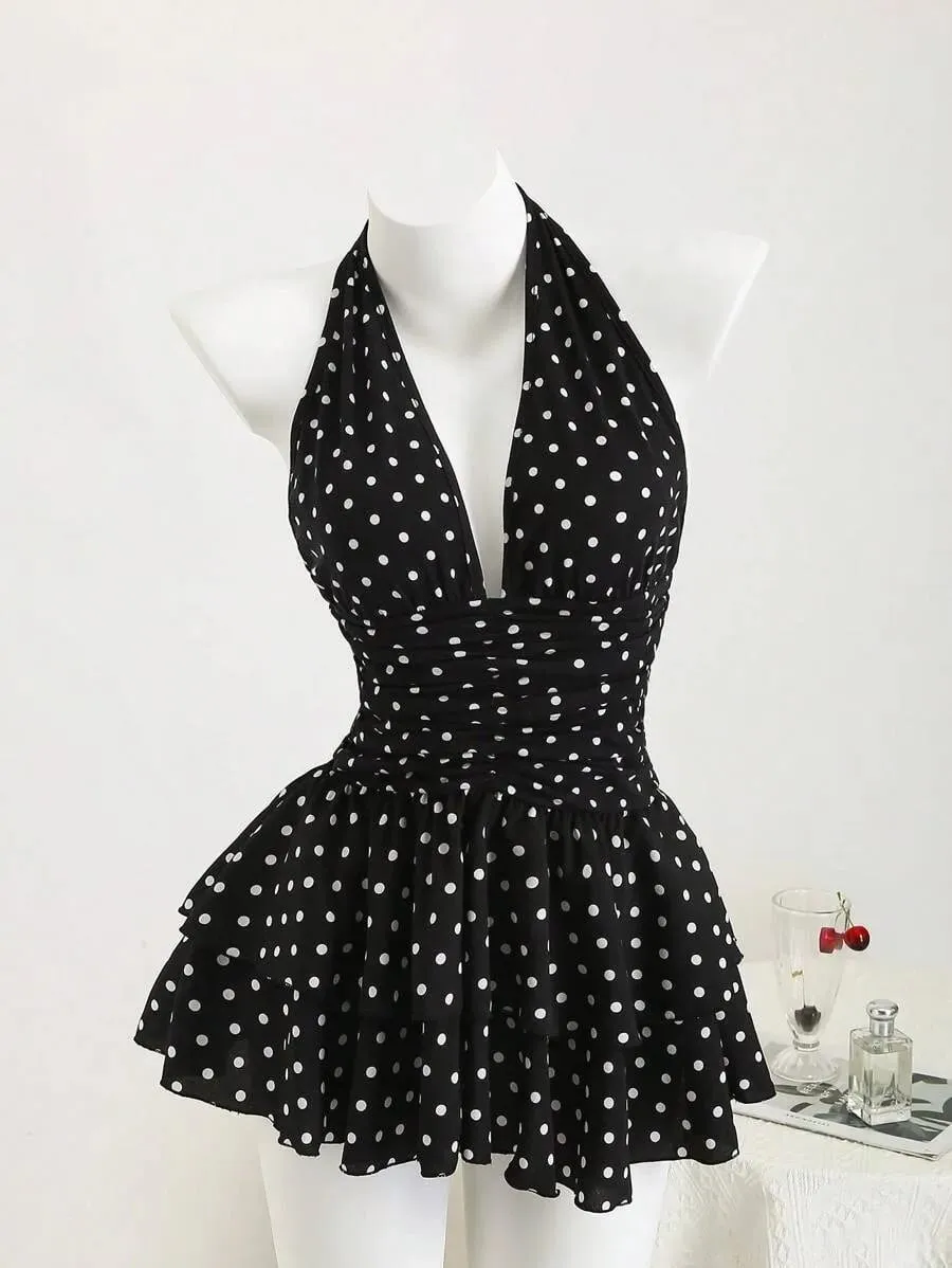 Vintage Polka Dot sukienka wiązana na szyi dla kobiet głęboki dekolt w kształcie litery V, bez pleców, marszczona talia, wielowarstwowa sukienka z falbaną, impreza retro na co dzień, krótkie sukienki — image 6